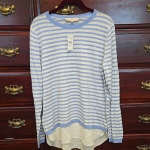 LOFT Light Blue and White Striped Pullover